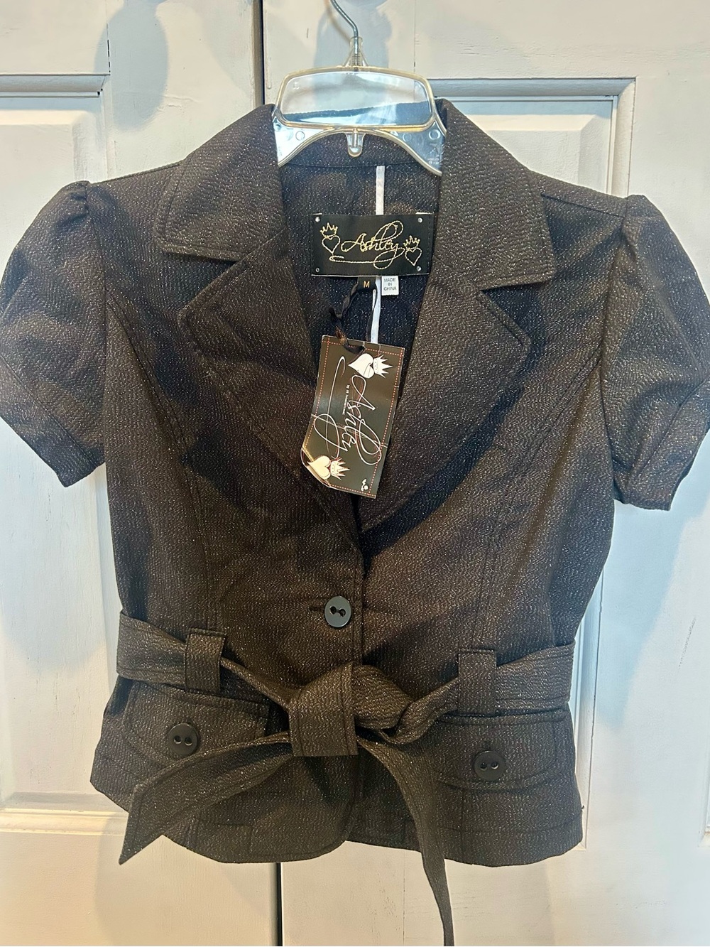 Y2K Ashley By 26 International Metallic Short-Sleeve Belted Blazer - Black